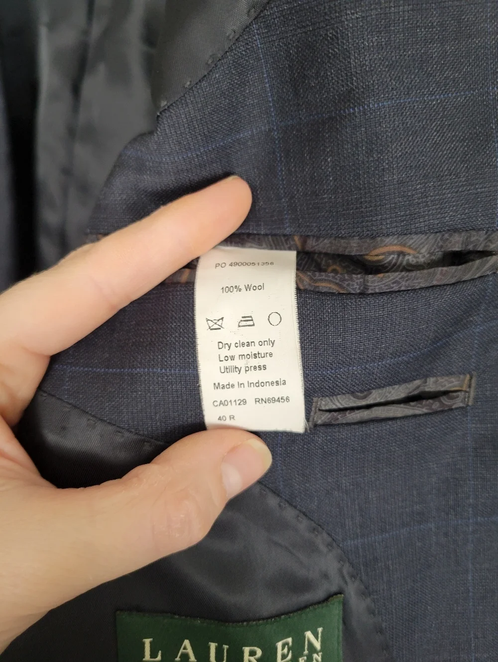 Lauren Ralph Lauren Windowpane Blazer Jacket Mens 40R Blue 100% Wool Sport Coat